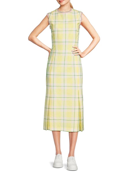 Checked Inverted Pleat Wool Midi Dress