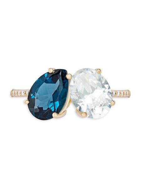 14K Yellow Gold, London Blue Topaz, White Topaz & Diamond Ring