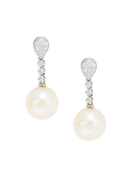 14K White Gold, 9MM Round Freshwater Pearl & Lab Grown Diamond Drop Earrings