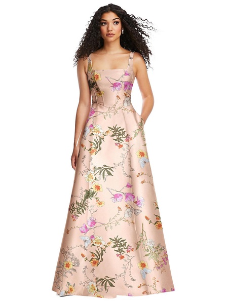 boned corset closed-back floral satin gown with full skirt