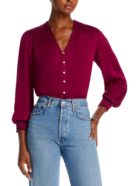 womens smocked cuff v-neck button-down top