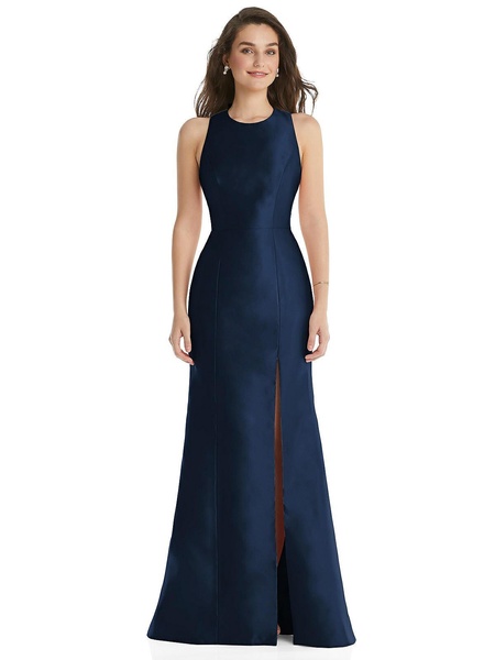 jewel neck bowed open-back trumpet dress with front slit