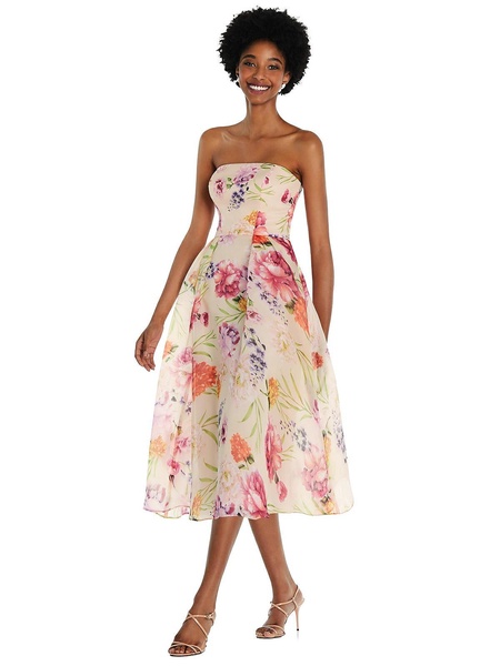 strapless pink floral organdy midi dress