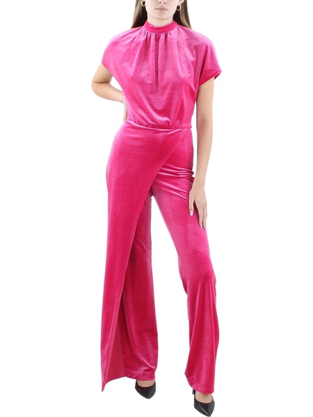 womens mock neck pleated velvet jumpsuit