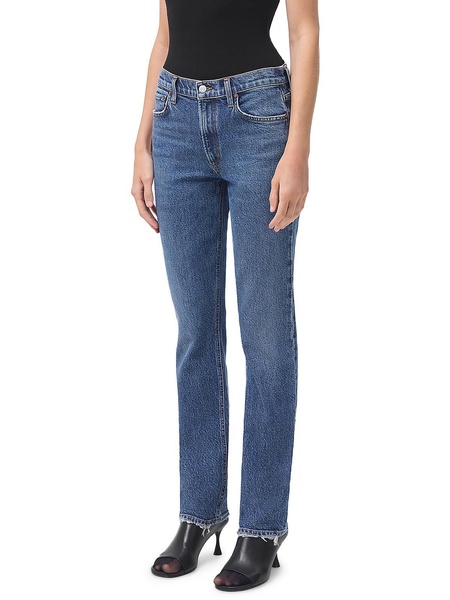 womens mid-rise frayed hem straight leg jeans