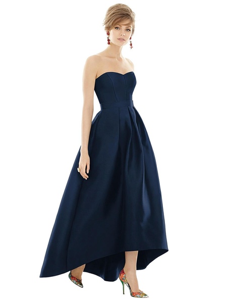 strapless satin high low dress with pockets