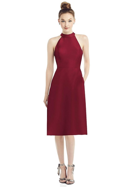 high-neck open-back satin cocktail dress