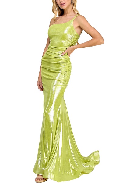 juniors womens metallic one shoulder evening dress