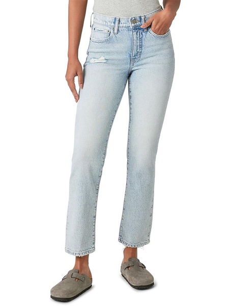 zoe womens high-rise distressed straight leg jeans