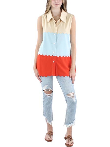 womens scalloped polyester button-down top