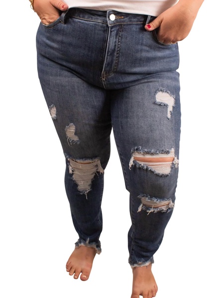 distressed skinny jean in dark wash