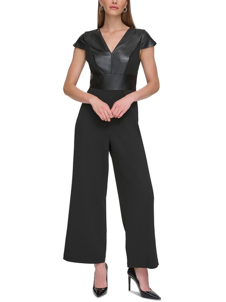 womens cap sleeve mixed media jumpsuit