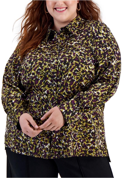 plus womens printed long sleeve button-down top