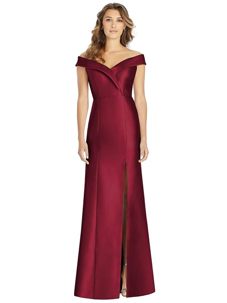 off-the-shoulder cuff trumpet gown with front slit