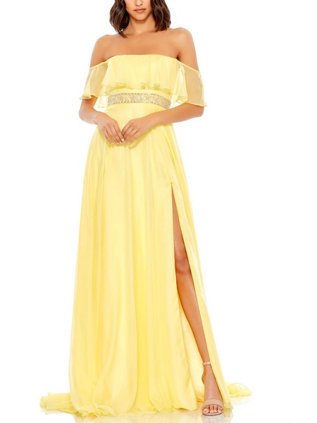 womens chiffon off-the-shoulder evening dress