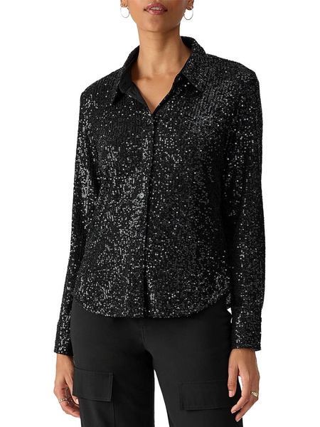 womens sequined collared button-down top