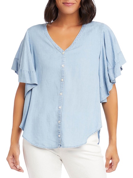 flutter sleeve top womens hi-low v-neck button-down top