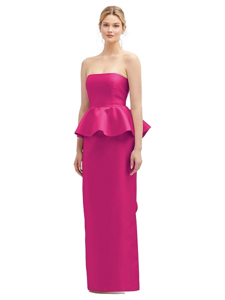 strapless satin maxi dress with cascade ruffle peplum detail