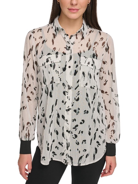 womens animal print metallic button-down top