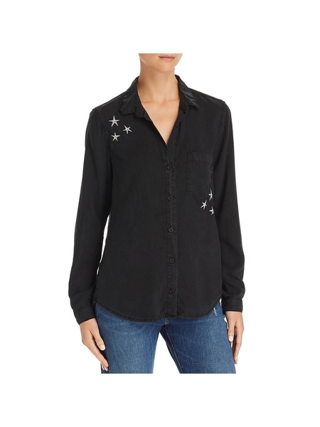 womens embroidered hi-low button-down top