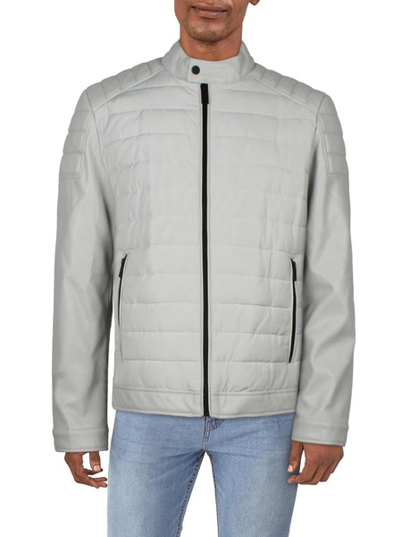 mens faux leather cold weather quilted coat