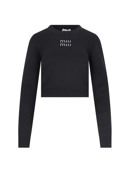 Miu Miu Women Cropped Sweater With Rhinestones