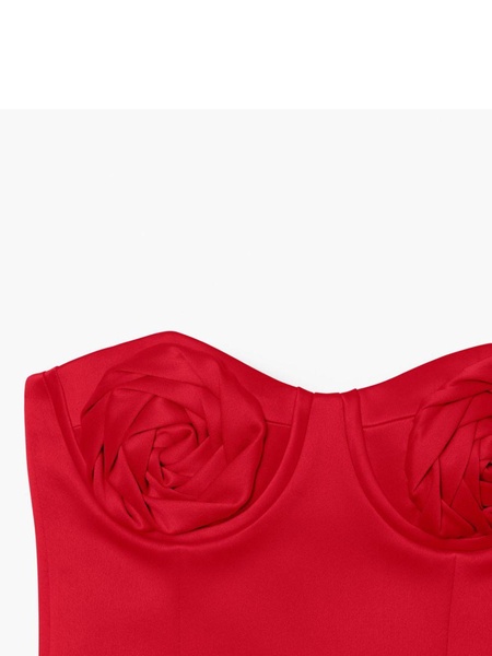 Red Satin Balconette Top with Faux-Rose Detailing