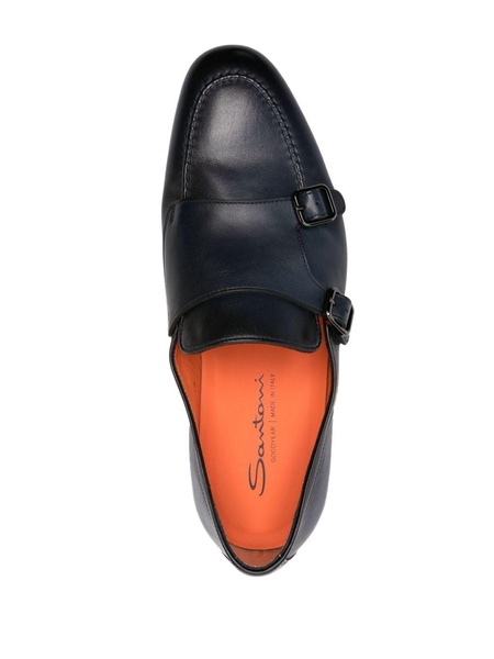 double-buckle leather monk shoes