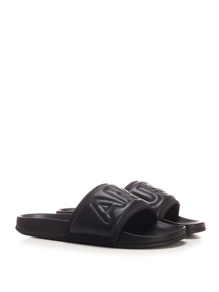 Leather branded sliders in black