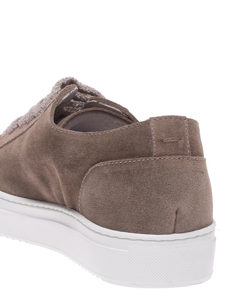 Taupe suede sneakers with terrycloth laces