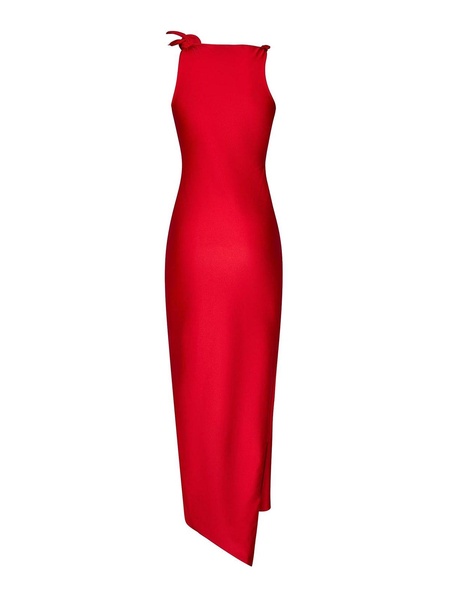 Bright Red Stretch Jersey Flower Asymmetrical