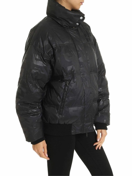 Down jacket with logo prints in black