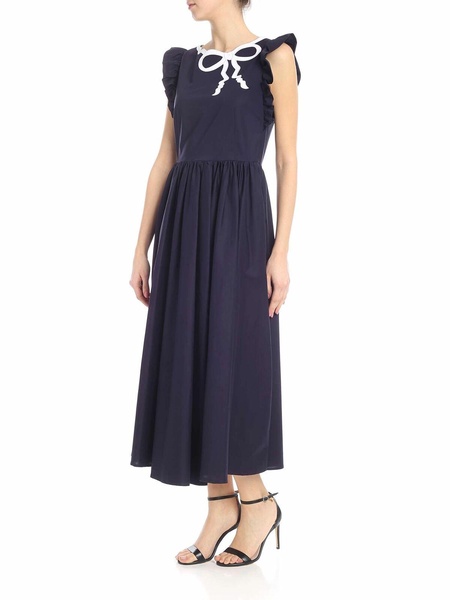 Sona dress in blue with white bow embroidery