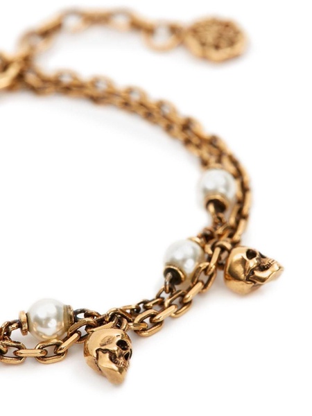 Pearl skull double-chain bracelet