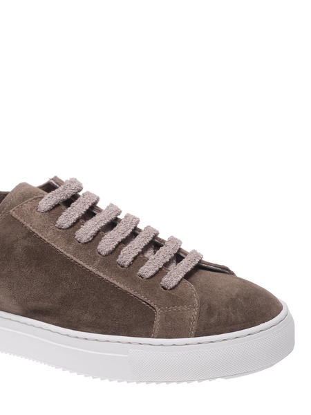 Taupe suede sneakers with terrycloth laces