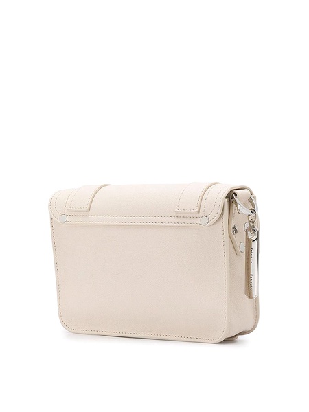 Leather flap front bag with metal tab closure