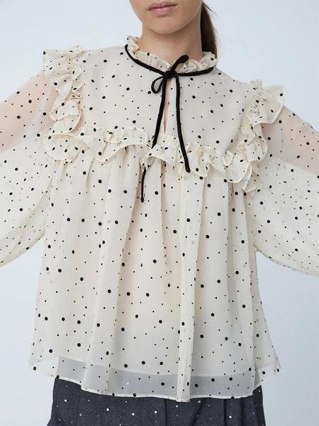 Creme and black Flock Printed Flounce Blouse