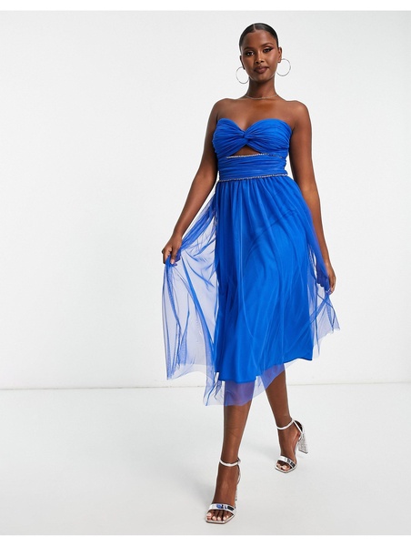 Trendyol bandeau midi dress with cut out in blue