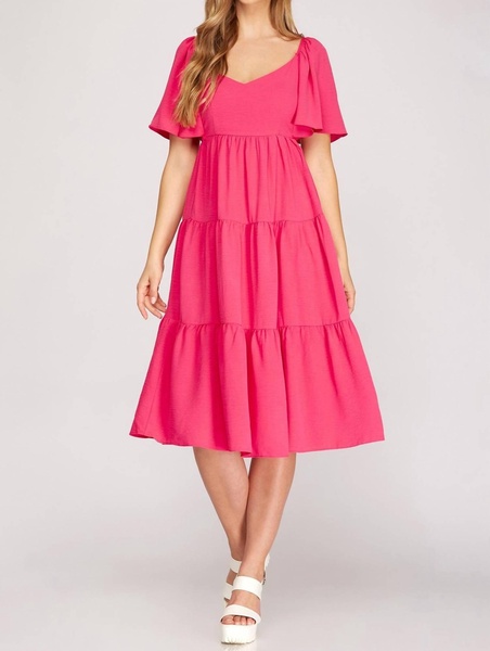 flounce sleeve dress in hot pink