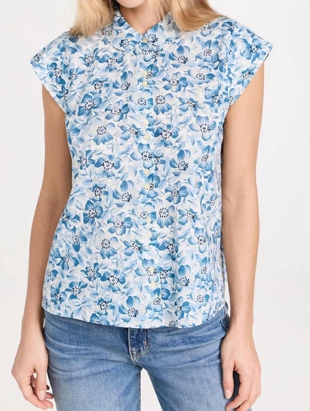 button up wren top in light sky pressed floral print