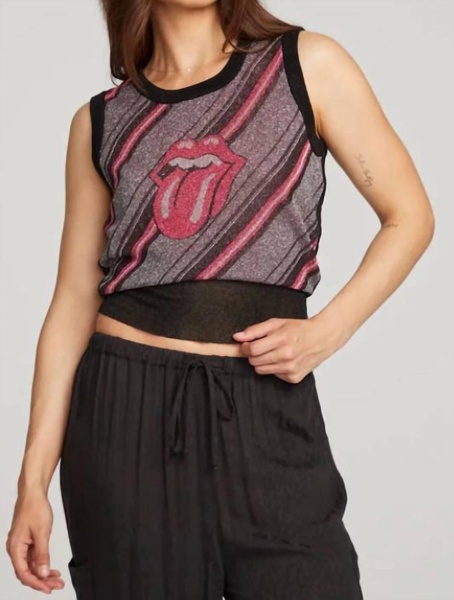 rolling stones tongue stripes top in red diagonal stripe