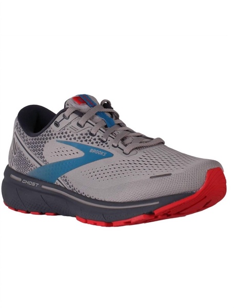 ghost 14 men's road-running shoes in grey/blue/red