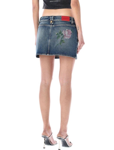 Alessandra Rich Logo Patch Rose Embellished Denim Mini Skirt