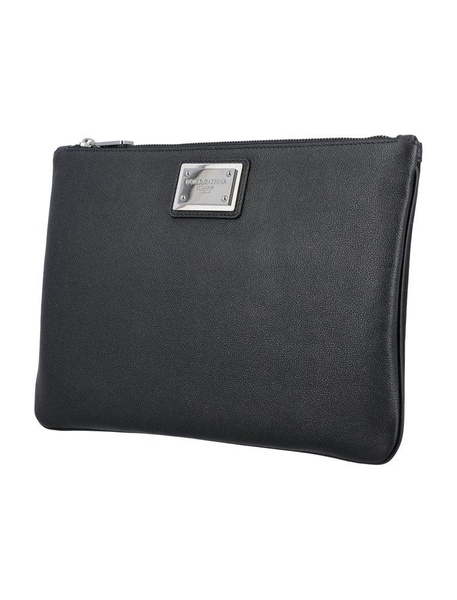 Black Clutch With Logo Plaque In Hammered Leather And Nylon Man