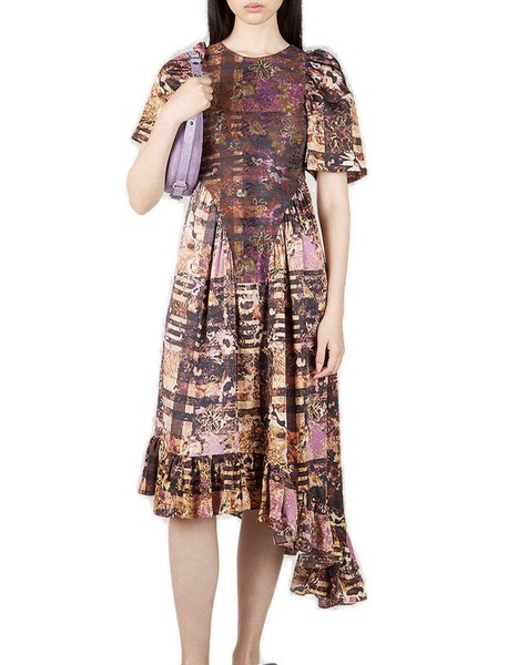 Collina Strada Mix-Print Asymmetric Ruffled Midi Dress