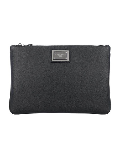 Black Clutch With Logo Plaque In Hammered Leather And Nylon Man