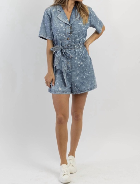 art studio spotted denim romper in blue denim