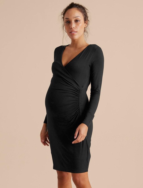 long sleeve side ruched wrap maternity dress