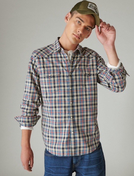 men's indigo plaid western long sleeve shirt