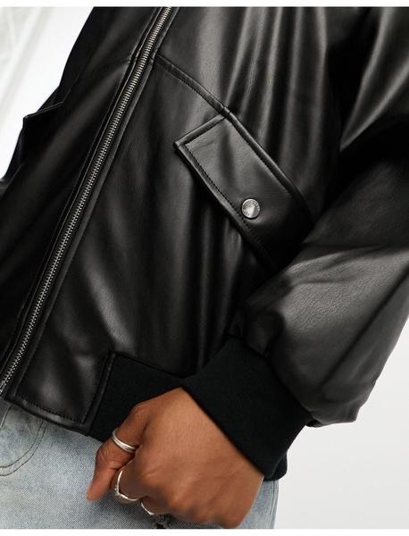 Noisy May faux leather bomber jacket in black